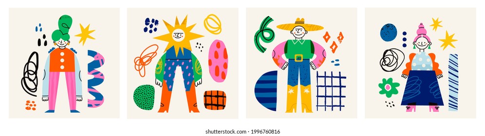 Abstract people and various doodle shapes. Cute disproportionate characters, spots, drops, curves. Different textures. Hand drawn Vector illustration. Set of four isolated cards or posters