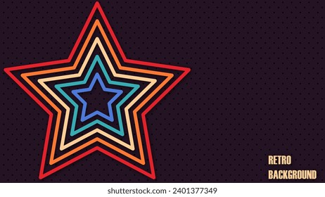 Abstract perforated retro vintage background with colored retro star. Design in futuristic 1970's 1980's 1960's era line frame retro style. Vector funky illustration.