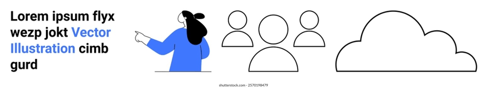 An abstract person in blue pointing at text a group of three outlined people icons a, cloud symbol and placeholder text Ideal for technology teamwork communication cloud computing and digital