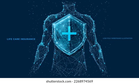 Abstract person body behind polygonal shield. Security shield with cross. Life care insurance. 3D wireframe vector illustration. Technology low poly medicine concept. Blue on dark blue background - Shutterstock ID 2268974569
