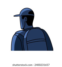 Abstract person in cap walking at night back view. Man carrying backpack behind. Tourist strolling in evening backside. Abstraction flat isolated vector illustration on white background