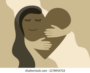 Abstract person in heart shape embracing herself - How to love yourself advices. Lifestyle concept