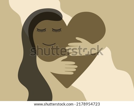 Abstract person in heart shape embracing herself - How to love yourself advices. Lifestyle concept