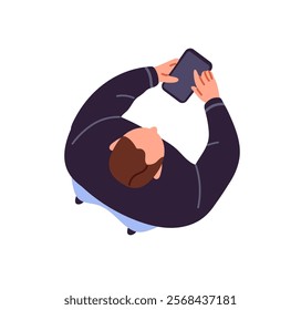 Abstract person holds mobile phone in hands, typing top view. Seen above head man communicates online by smartphone. Boy stands, using telephone. Flat isolated vector illustration on white background