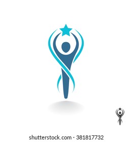 Abstract person holds a star in hand. Stylized athlete figure. Vector logo design template.