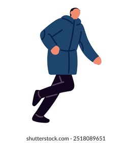 Abstract person in outerwear is late in time. Character in warm clothes runs, rushing in winter outdoor. People hurry, go fast in cold weather. Flat isolated vector illustration on white background