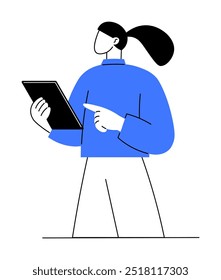 Abstract person with ponytail wearing blue sweater holding a tablet and pointing at it. Ideal for technology, education, communication, digital learning, presentations. Minimalist vector style.