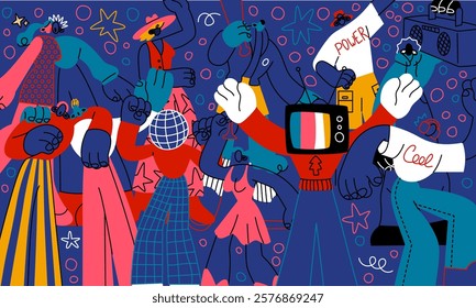 Abstract persons. Young characters group. Happy people smile and love. Energetic team of youth. Fun crowd community. Disco music party. Zoomers dancing. Nightclub entertainment. Vector illustration