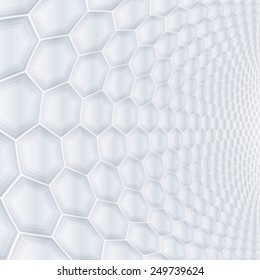 Abstract perspective background with hexagonal shapes, soft gray tones.