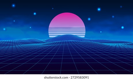 Abstract perspective background in retro style. 3D wireframe vector mesh against a sunny backdrop.