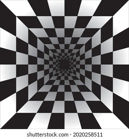 Abstract Perspective Geometric Chess Background Vector. The perspective of black and white squares, the illusion of a tunnel. Perspective Geometric Art.