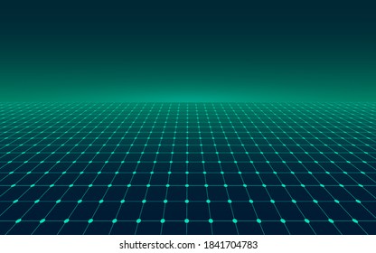 Abstract Perspective Green Grid. Retro Futuristic Neon Line On Dark Background, 80s Design Perspective Distorted Plane Landscape Composed Of Crossed Neon Lights And Laser Beams. Vector Illustration