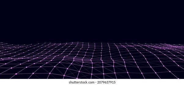 Abstraktes Perspektivraster. Digitaler Hintergrund im Retro-Stil. Wireframe-Cyberlandschaft auf blauem Hintergrund. 3D-Darstellung.