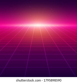 Abstract perspective grid. Retro futuristic neon line background, 80s design perspective distorted plane landscape composed of crossed neon lights and laser beams. Vector illustration