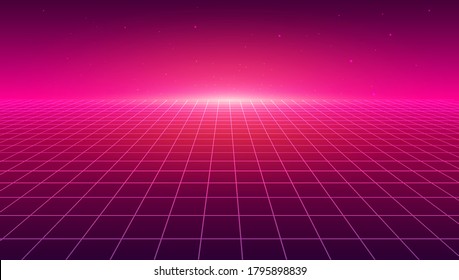 Abstract perspective grid. Retro futuristic neon line background, 80s design perspective distorted plane landscape composed of crossed neon lights and laser beams. Vector illustration