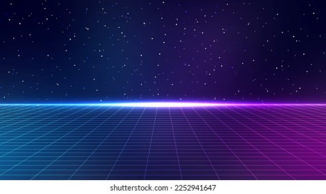 Abstract perspective grid. Retro futuristic neon line background