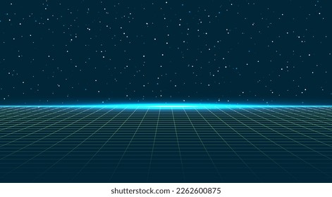 Cuadrícula de perspectiva abstracta. Fondo retro de línea de neón futurista