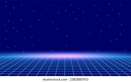 Abstract perspective grid. Retro futuristic neon line background