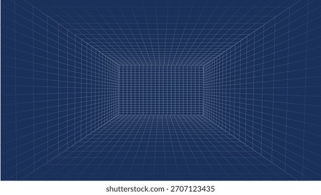 Abstraktes perspektivisches Raster. Retro futuristisches Konzept.  Virtuelle Realität Landschaft in 80s 90s digitalen Stil. Drahtgittertunnel mit leuchtenden blauen Gitterkurven in ein dunkles Zentrum. 