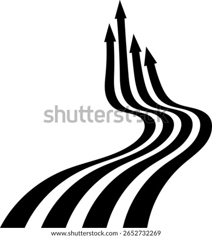 Abstract perspective line stripes arrow in black with 3d dimensional effect isolated on white.