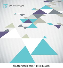 Abstract perspective modern cool color triangles pattern elements on white lines pattern background with copy space. Vector graphic illustration