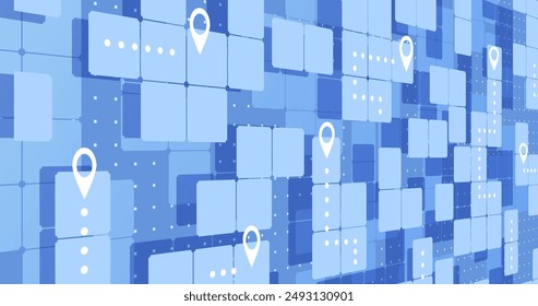 Abstract perspective navigation concept on a background of squares. Squares as symbol of roads. Location signs on squares. Vector illustration