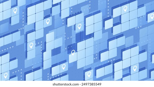 Abstract perspective navigation concept on a background of squares. Squares as symbol of roads. Location signs on squares. Vector illustration