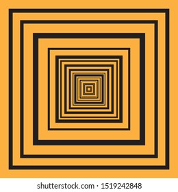 Perspectiva abstracta de las plazas planas sobrepuestas de color negro y naranja, formas de túnel de motor, geometría y fondo simétrico con efecto de corredor infinito
