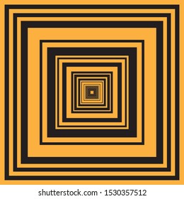 Abstrakte Perspektive der Überlappung flacher Schwarz- und Orangenquadrate, Formen des Motif-Tunnels, Geometrie und Symmetrie-Hintergrund mit unendlichem Korridoreffekt
