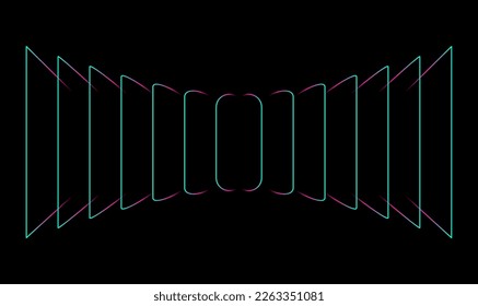 Abstrakte Perspektivrechtecke, Rahmenüberlagsmuster durch bunten Lichtzeitenglich-Effekt einzeln auf schwarzem Hintergrund. Vektorgrafik-AI-Technologie, Digital, Kommunikation, Wissenschaft, Musik