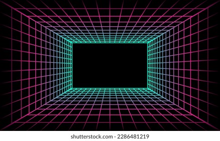 Abstract perspective rectangles line frame overlay pattern by colorful light line glitch effect isolated on black background. Vector illustration AI technology, digital, communication, science, music