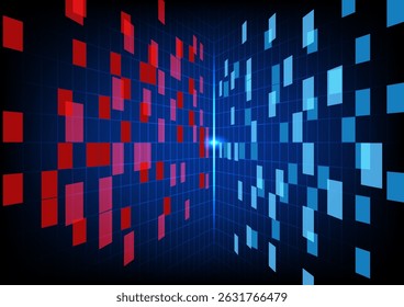 Perspectiva Abstractas de las paredes de la rejilla roja y azul sobre fondo azul. Ilustración vectorial.