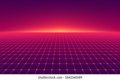 Abstract Perspective Red Violet Grid. Retro Futuristic Neon Line On Dark Background, 80s Design Perspective Distorted Plane Landscape Composed Of Crossed Neon Lights And Laser Beams. Vector EPS10