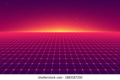 Abstract perspective red violet grid. Retro futuristic neon line on dark background, 80s design perspective distorted plane landscape composed of crossed neon lights and laser beams. Vector EPS10