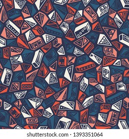Abstract perspective shapes seamless vector pattern in bright colors. Flat style geometric figures outline illustration.