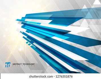 Abstract perspective technology geometric blue color shiny motion background and lines texture with lighting burst effect.  for brochure, print, ad, magazine, poster, website, magazine, leaflet