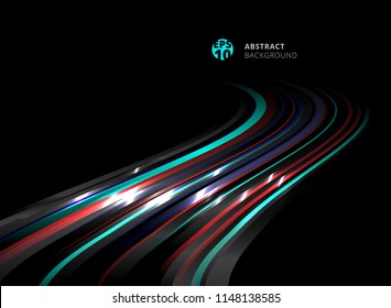 Abstract perspective technology striped blue, red color lines with lighting effect on black background. Vector illustration
