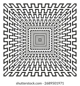 Túnel de perspectiva Abstractas. Patrón de línea geométrica. Vector objetivo cuadrado. Fondo blanco negro. EPS 10.
