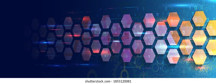 Abstract perspective wide technology background with hexagons and gear wheels. Hi-tech modern vector illustration. 3d Futuristic banner concept.
