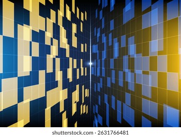 Perspectiva Abstractas de las paredes amarillas y azules de la rejilla en el fondo azul. Ilustración vectorial.