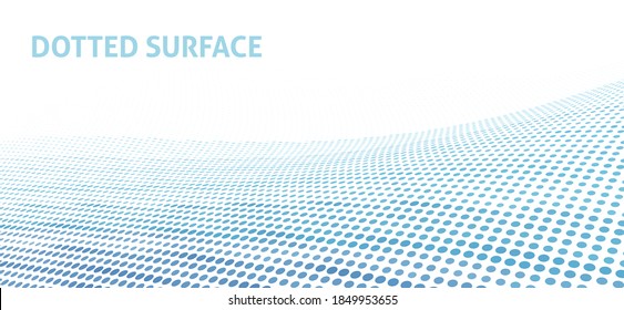 Abstract perspesctive blue dotted curved surface with halftone effect. Vector graphic presentation background