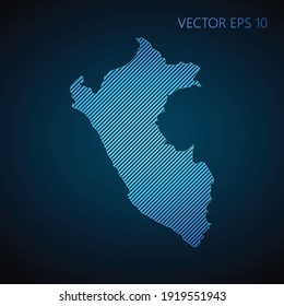 Abstract Peru map template made from blue diagonal lines on dark background. Vector illustration EPS10.