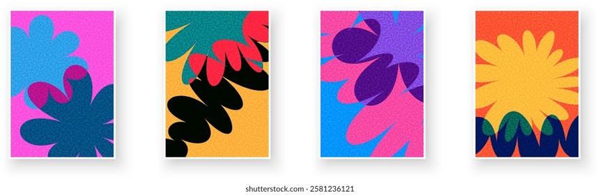 Abstract petal forms overlap in bright, contrasting colors, creating dynamic compositions full of energy and creativity.