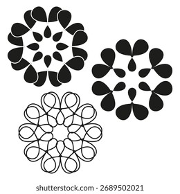 Abstract petal pattern. Symmetrical floral shapes. Three circle Vector. Black white graphic set. EPS 10.