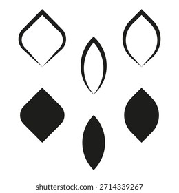 Abstract petal shapes. Stylized leaf elements. Symmetric drop Vector. Black white design set. EPS 10.