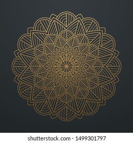 Abstract Petals Leaf Mandala Gold Line On Black Background. Vector Illustration