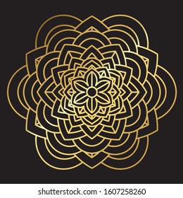 Abstract Petals Leaf Mandala Gold Line On Black Background. Vector Illustration