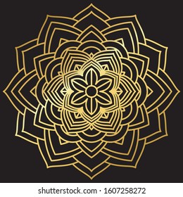 Abstract Petals Leaf Mandala Gold Line On Black Background. Vector Illustration