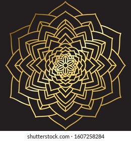 Abstract Petals Leaf Mandala Gold Line On Black Background. Vector Illustration