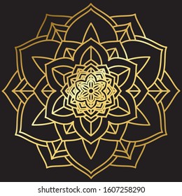 Abstract Petals Leaf Mandala Gold Line On Black Background. Vector Illustration